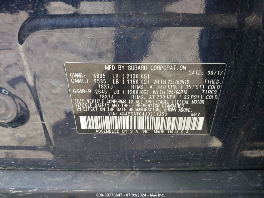 2018 Subaru Outback 2.5I Touring VIN: 4S4BSATC4J3231350 Lot: 39773647