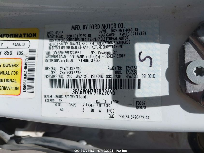 2015 Ford Fusion Se VIN: 3FA6P0H79FR296951 Lot: 39773667