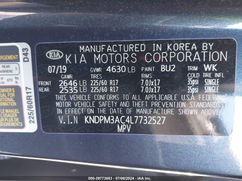 KNDPM3AC4L7732527 2020 Kia Sportage Lx