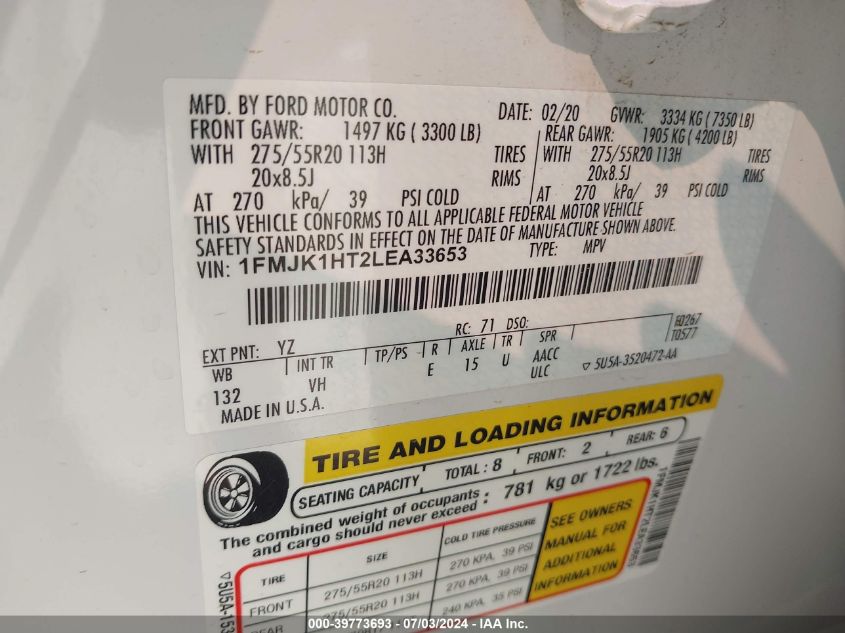 2020 Ford Expedition Max Xlt VIN: 1FMJK1HT2LEA33653 Lot: 39773693