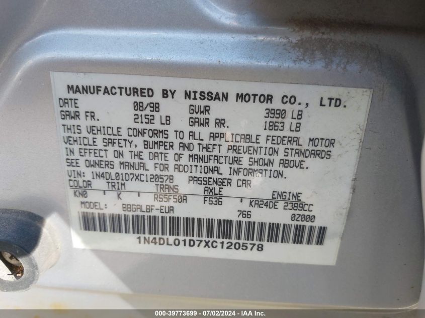 1999 Nissan Altima Gle/Gxe/Se/Se-L/Xe VIN: 1N4DL01D7XC120578 Lot: 39773699