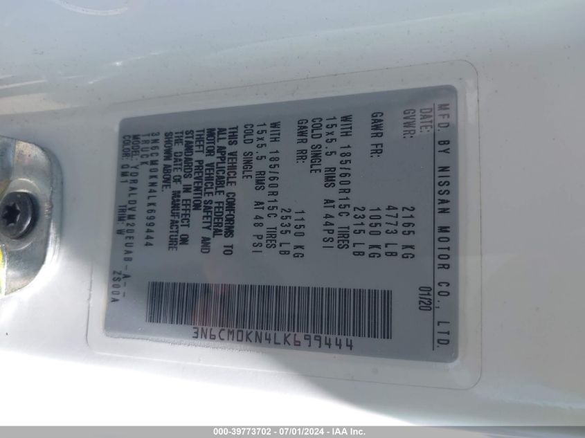 2020 NISSAN NV200 COMPACT CARGO S XTRONIC CVT 3N6CM0KN4LK699444