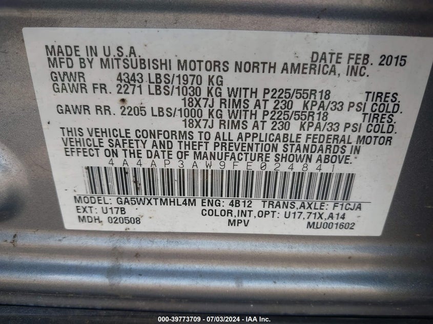 2015 Mitsubishi Outlander Sport Es VIN: 4A4AP3AW9FE024841 Lot: 39773709