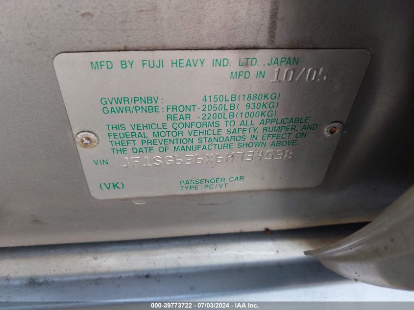 2006 Subaru Forester 2.5X VIN: JF1SG636X6H734538 Lot: 39773722