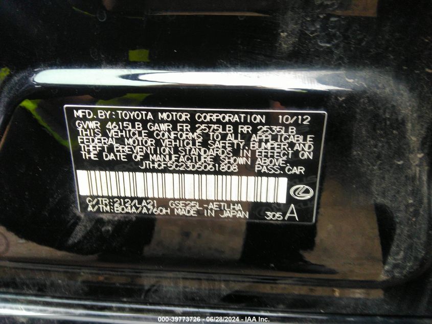 2013 Lexus Is 250 VIN: JTHCF5C23D5061808 Lot: 39773726