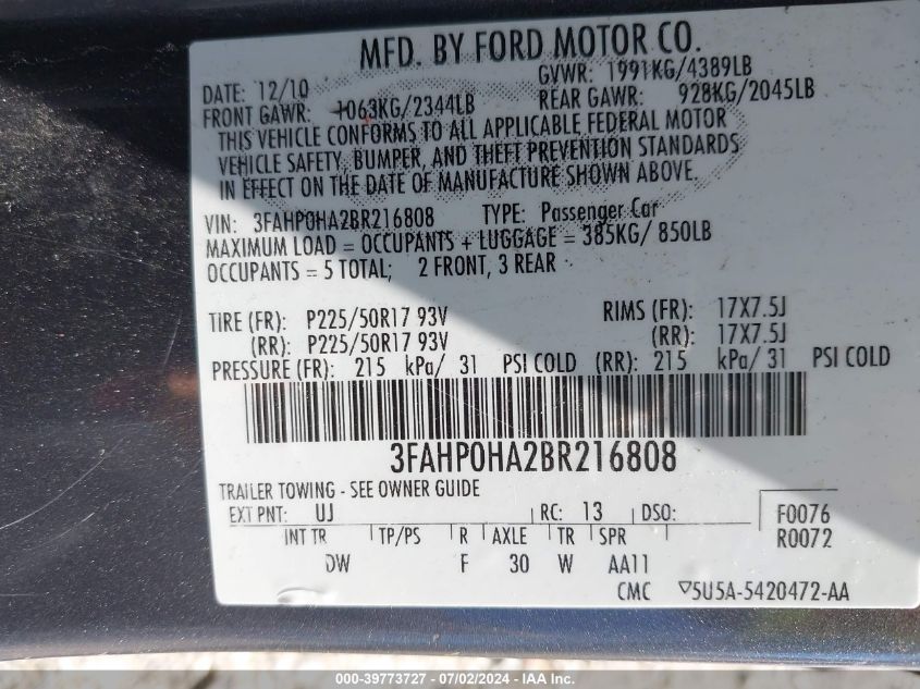 2011 Ford Fusion Se VIN: 3FAHP0HA2BR216808 Lot: 39773727