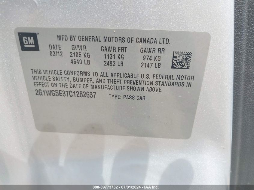 2012 Chevrolet Impala Lt VIN: 2G1WG5E37C1262637 Lot: 39773732