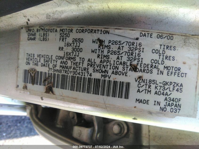 2000 Toyota 4Runner Limited V6 VIN: JT3HN87R0Y9043174 Lot: 39773737