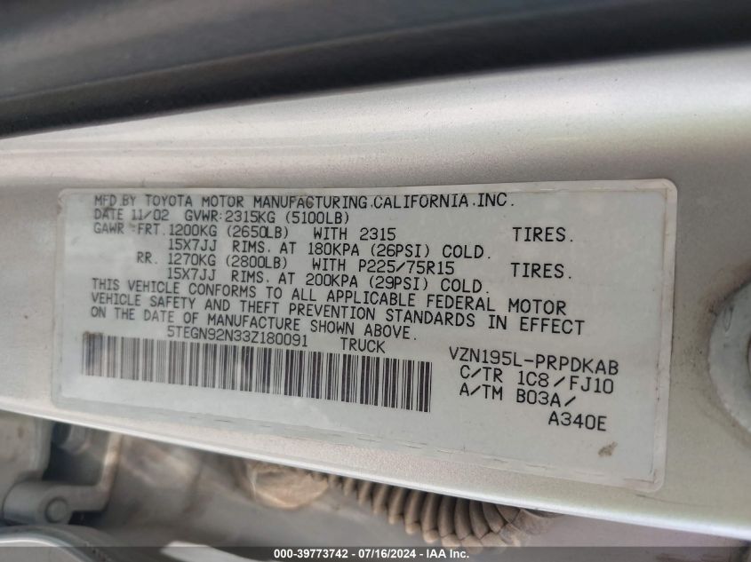 2003 Toyota Tacoma Prerunner V6 VIN: 5TEGN92N33Z180091 Lot: 39773742