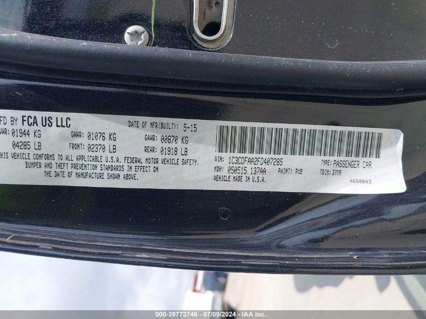 2015 Dodge Dart Se VIN: 1C3CDFAA2FD407285 Lot: 39773746