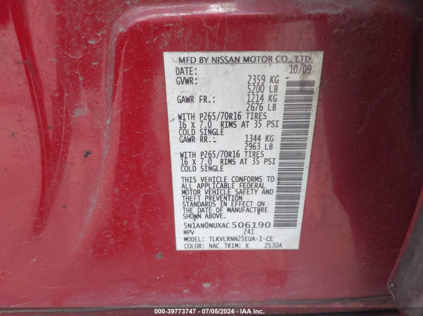 2010 Nissan Xterra S VIN: 5N1AN0NUXAC506190 Lot: 39773747