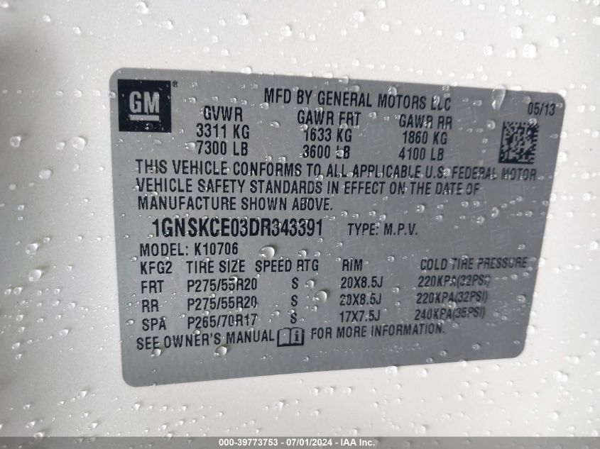 2013 Chevrolet Tahoe Ltz VIN: 1GNSKCE03DR343391 Lot: 39773753