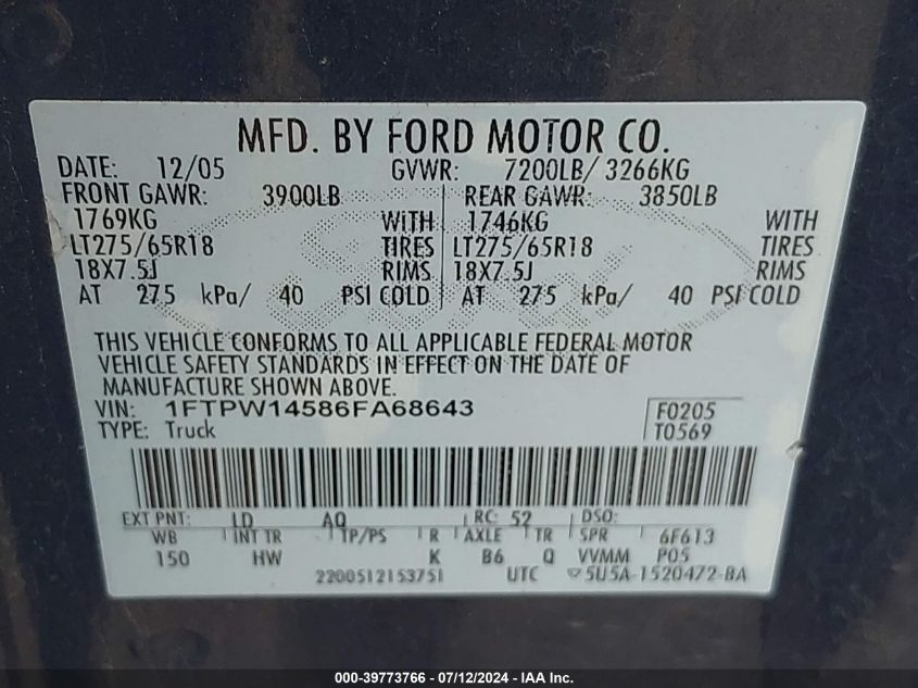 2006 Ford F-150 Fx4/Lariat/Xlt VIN: 1FTPW14586FA68643 Lot: 39773766