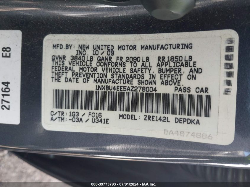 2010 Toyota Corolla Le VIN: 1NXBU4EE5AZ278004 Lot: 39773793