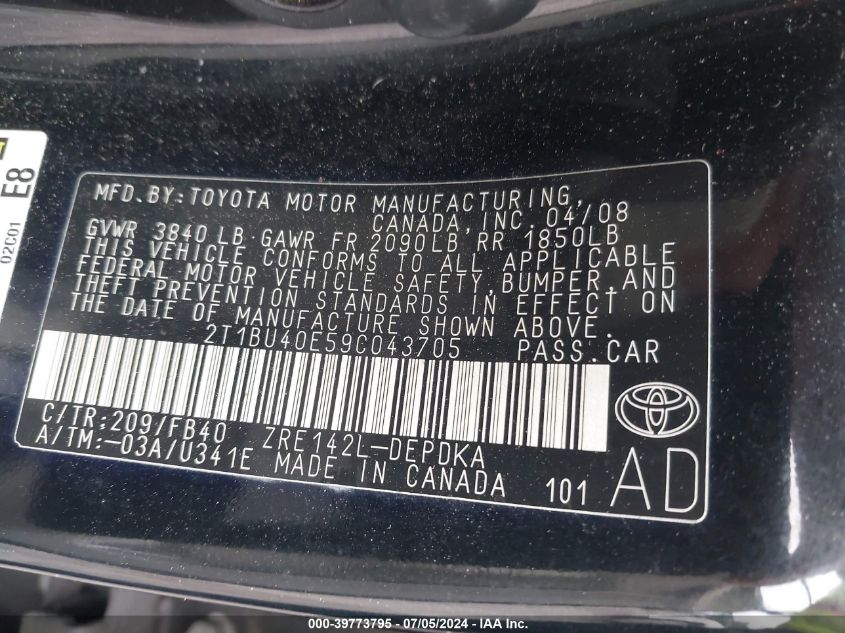 2009 Toyota Corolla Le VIN: 2T1BU40E59C043705 Lot: 39773795