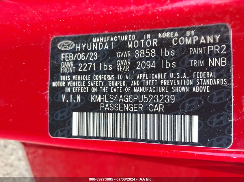2023 HYUNDAI ELANTRA 2.0L I-4 DOHC, VVT, (VIN: KMHLS4AG6PU523239