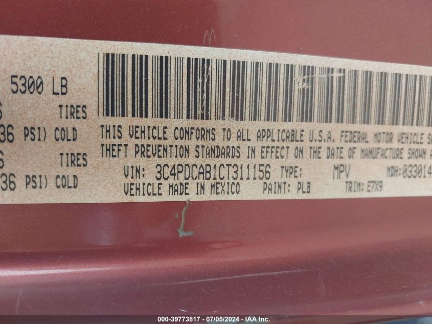 2012 Dodge Journey Se/Avp VIN: 3C4PDCAB1CT311156 Lot: 39773817