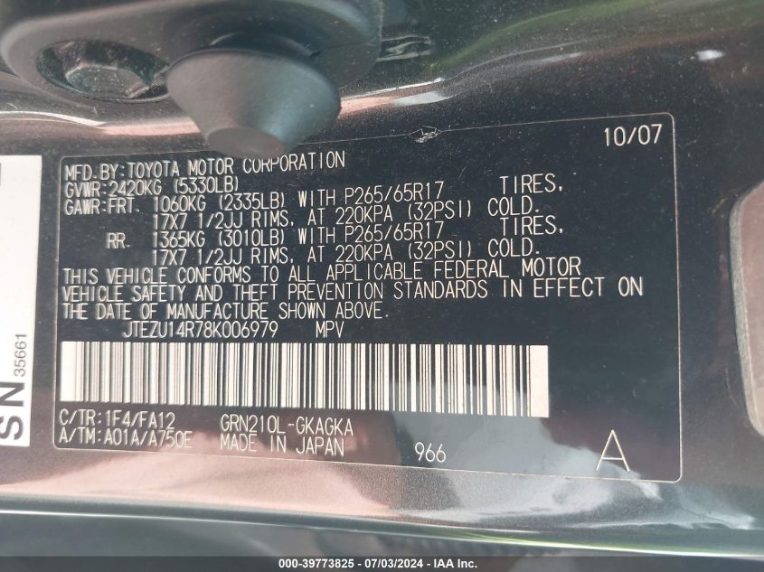 2008 Toyota 4Runner Sr5 V6 VIN: JTEZU14R78K006979 Lot: 39773825