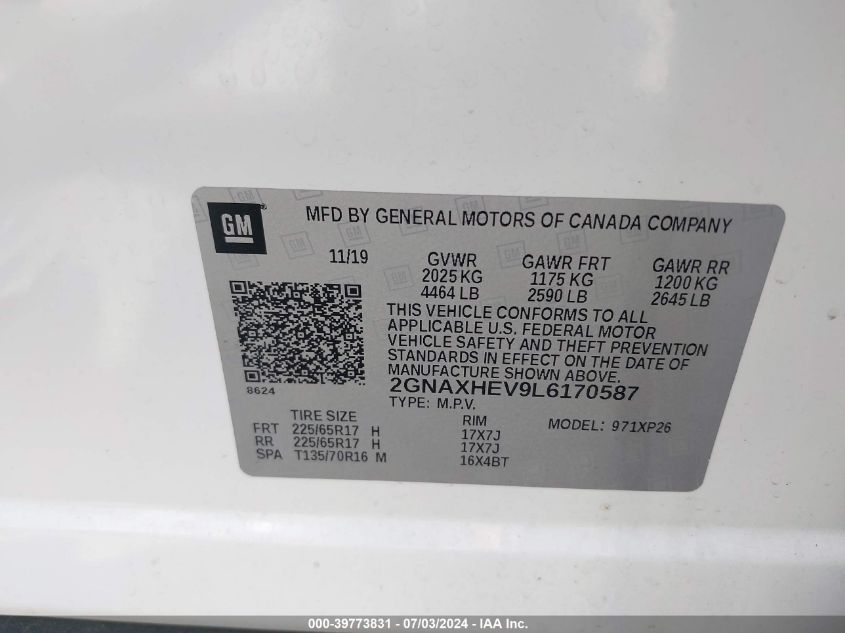2020 Chevrolet Equinox Fwd Ls VIN: 2GNAXHEV9L6170587 Lot: 39773831