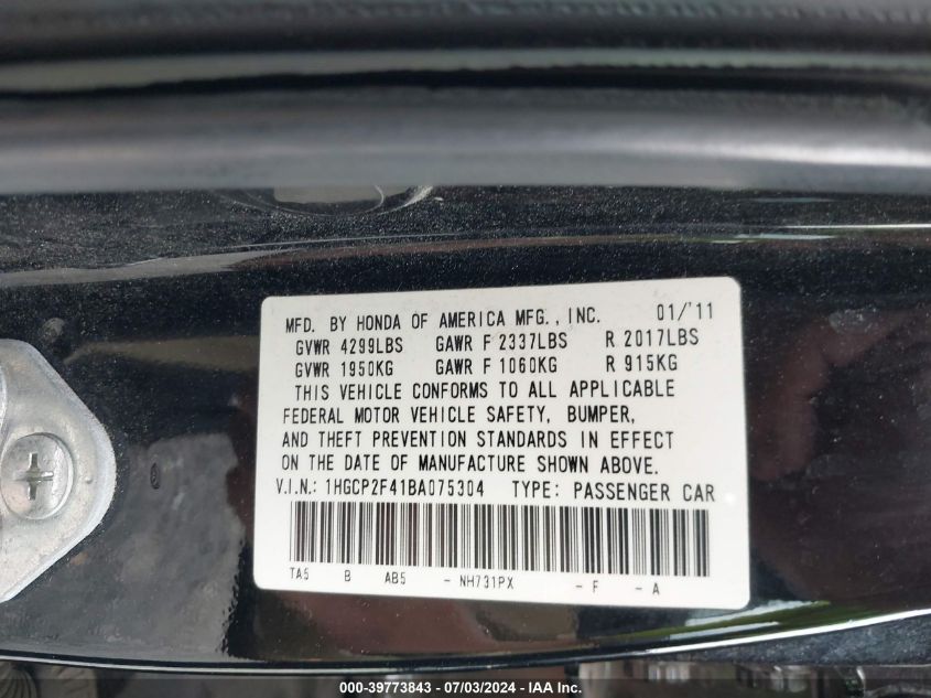 2011 Honda Accord 2.4 Lx-P VIN: 1HGCP2F41BA075304 Lot: 39773843