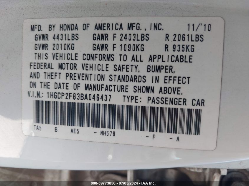 2011 Honda Accord 2.4 Ex-L VIN: 1HGCP2F83BA046437 Lot: 39773858