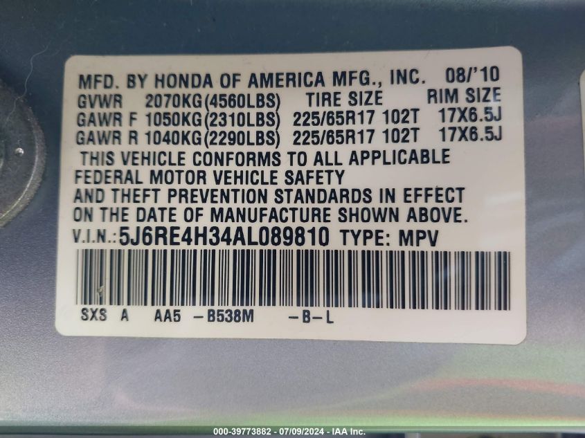 2010 Honda Cr-V Lx VIN: 5J6RE4H34AL089810 Lot: 39773882