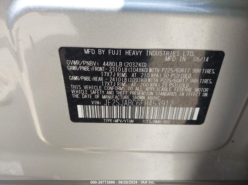 2015 Subaru Forester 2.5I VIN: JF2SJABC6FH453912 Lot: 39773886