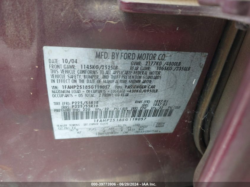 2005 Ford Five Hundred Limited VIN: 1FAHP25185G119057 Lot: 39773906