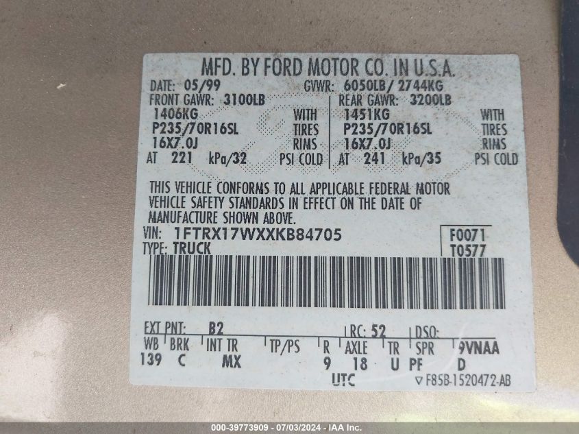 1999 Ford F-150 Lariat/Work Series/Xl/Xlt VIN: 1FTRX17WXXKB84705 Lot: 39773909