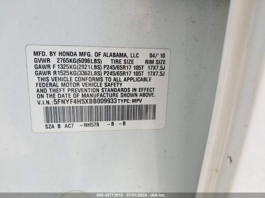 2011 Honda Pilot Ex-L VIN: 5FNYF4H5XBB009933 Lot: 39773910