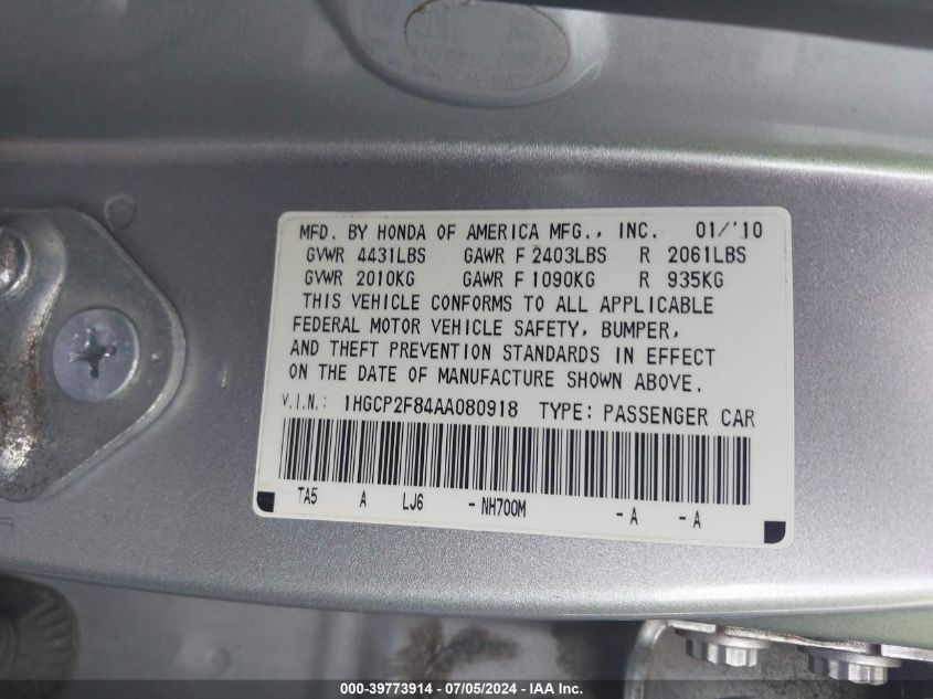 2010 Honda Accord 2.4 Ex-L VIN: 1HGCP2F84AA080918 Lot: 39773914