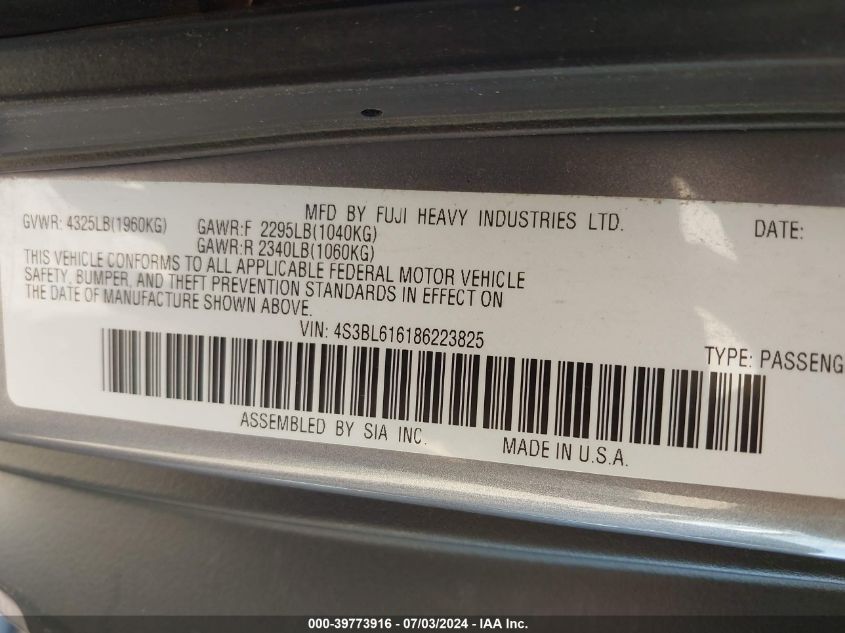2008 Subaru Legacy 2.5I VIN: 4S3BL616186223825 Lot: 39773916