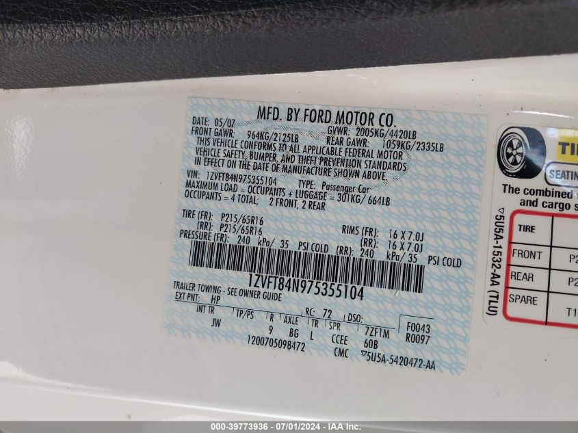 2007 Ford Mustang V6 Deluxe/V6 Premium VIN: 1ZVFT84N975355104 Lot: 39773936