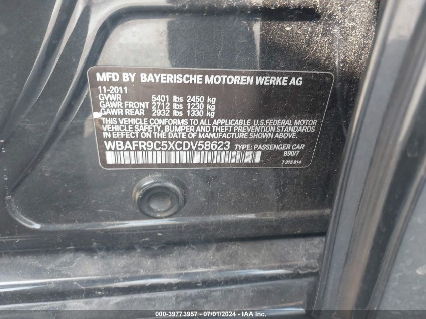 2012 BMW 550I VIN: WBAFR9C5XCDV58623 Lot: 39773957