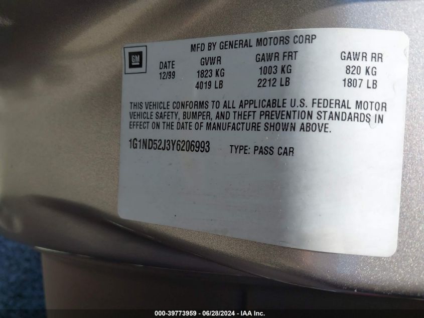 2000 Chevrolet Malibu VIN: 1G1ND52J3Y6206993 Lot: 39773959