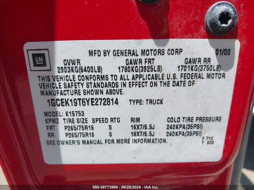 2000 Chevrolet Silverado 1500 Ls VIN: 1GCEK19T6YE272814 Lot: 39773969