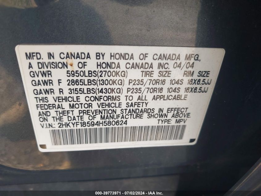 2004 Honda Pilot Exl VIN: 2HKYF18594H580624 Lot: 39773971