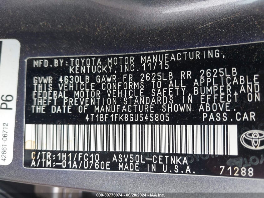 2016 Toyota Camry Le VIN: 4T1BF1FK8GU545805 Lot: 39773974