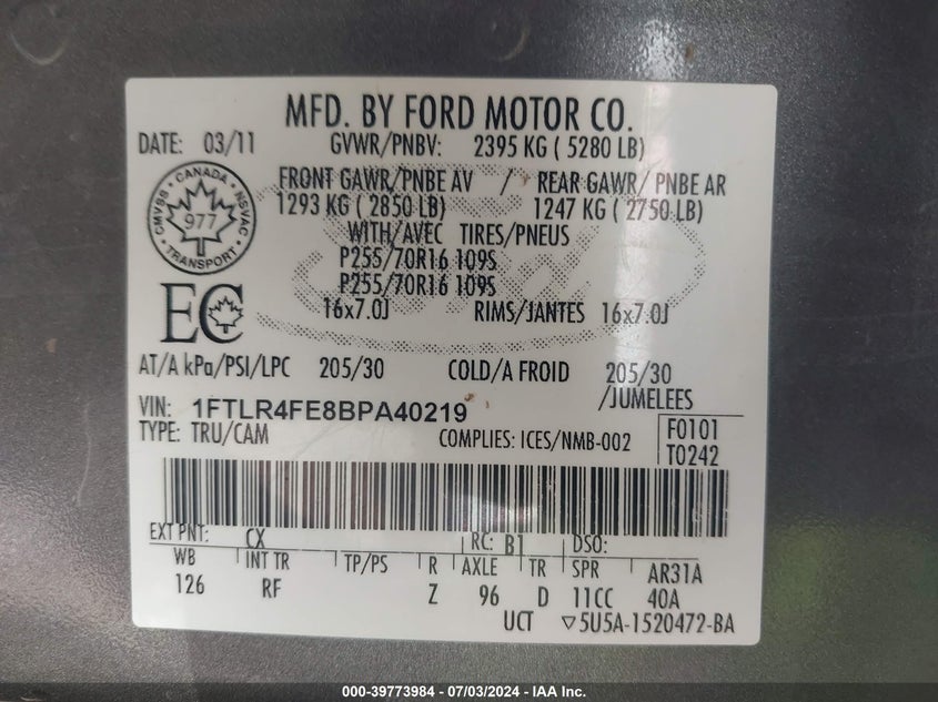 2011 Ford Ranger Sport/Xlt VIN: 1FTLR4FE8BPA40219 Lot: 39773984