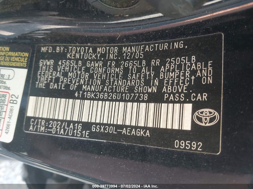 2006 Toyota Avalon Xls VIN: 4T1BK36B26U107738 Lot: 39773994