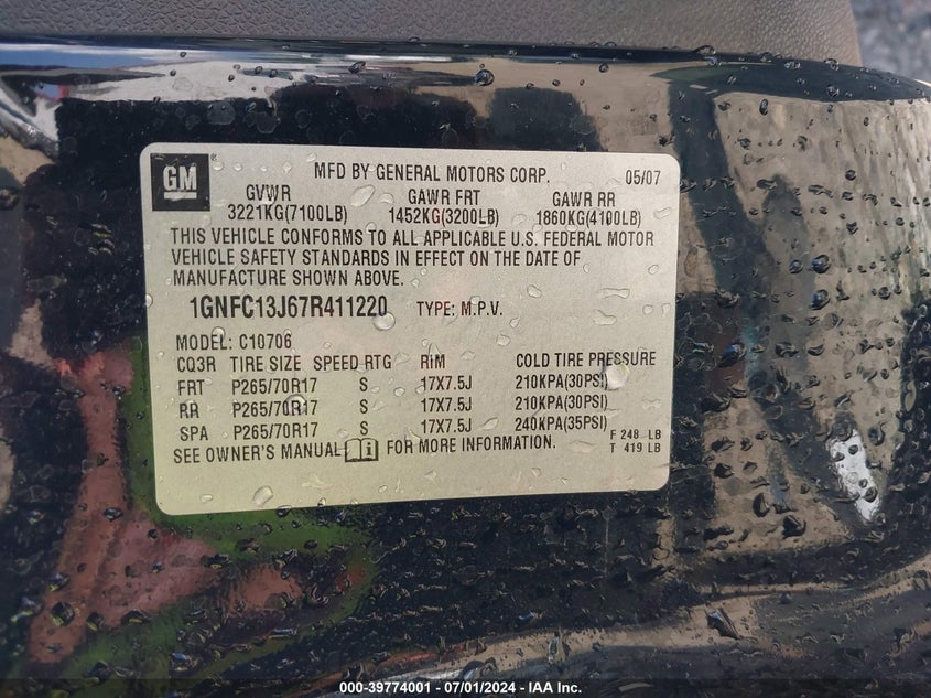 2007 Chevrolet Tahoe Lt VIN: 1GNFC13J67R411220 Lot: 39774001