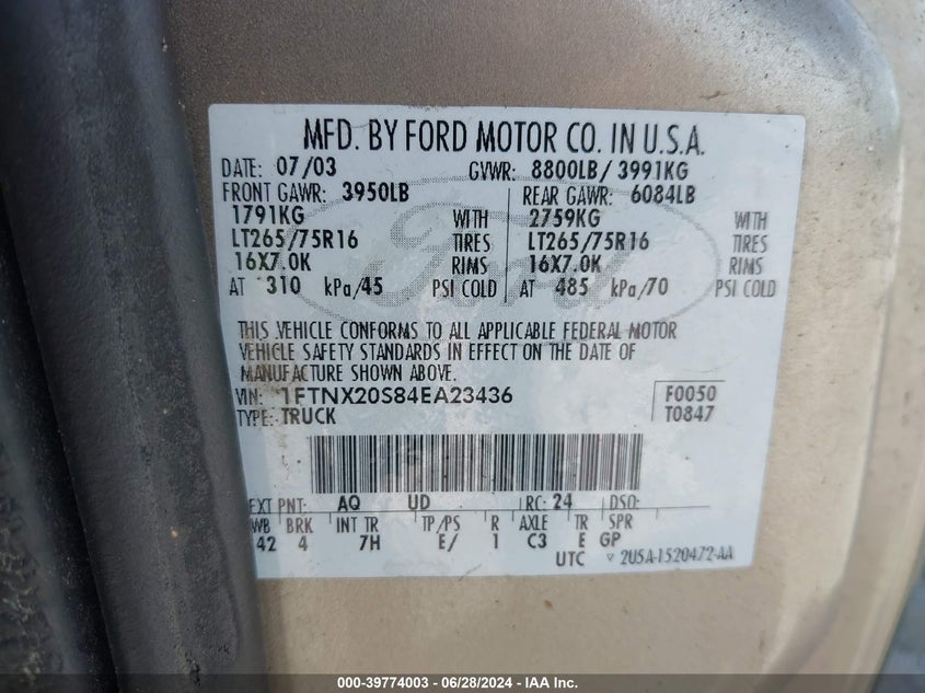 2004 Ford F-250 Lariat/Xl/Xlt VIN: 1FTNX20S84EA23436 Lot: 39774003