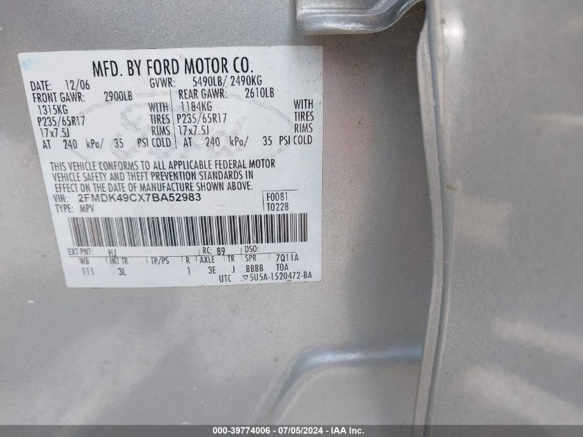 2007 Ford Edge Sel Plus VIN: 2FMDK49CX7BA52983 Lot: 39774006