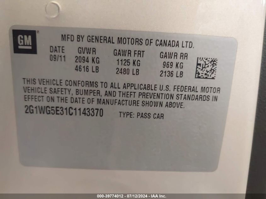 2G1WG5E31C1143370 2012 Chevrolet Impala Lt