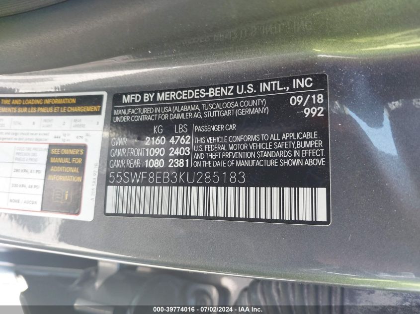 2019 Mercedes-Benz C 300 4Matic VIN: 55SWF8EB3KU285183 Lot: 39774016