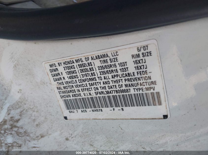 2007 Honda Odyssey Ex VIN: 5FNRL38477B098687 Lot: 39774020