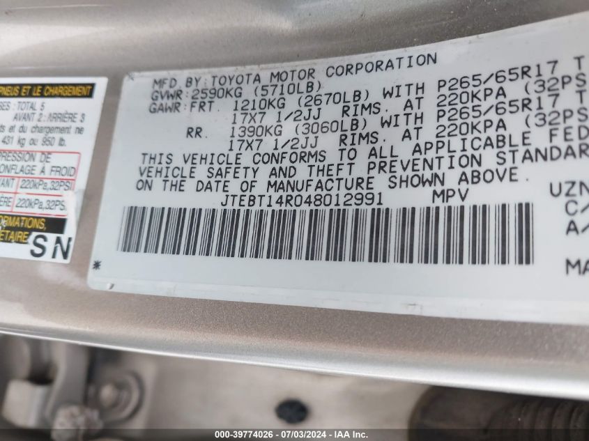2004 Toyota 4Runner Sr5 V8 VIN: JTEBT14R048012991 Lot: 39774026