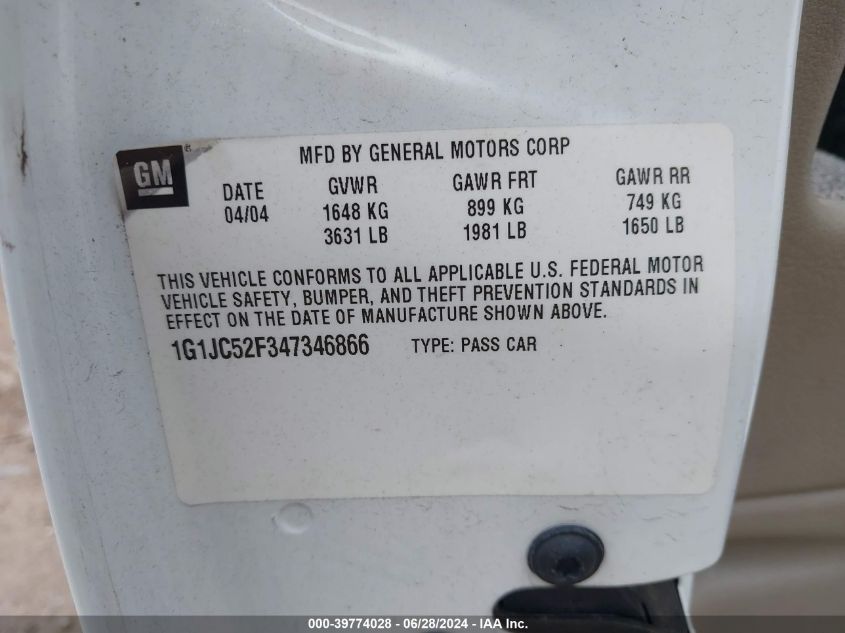 2004 Chevrolet Cavalier VIN: 1G1JC52F347346866 Lot: 39774028