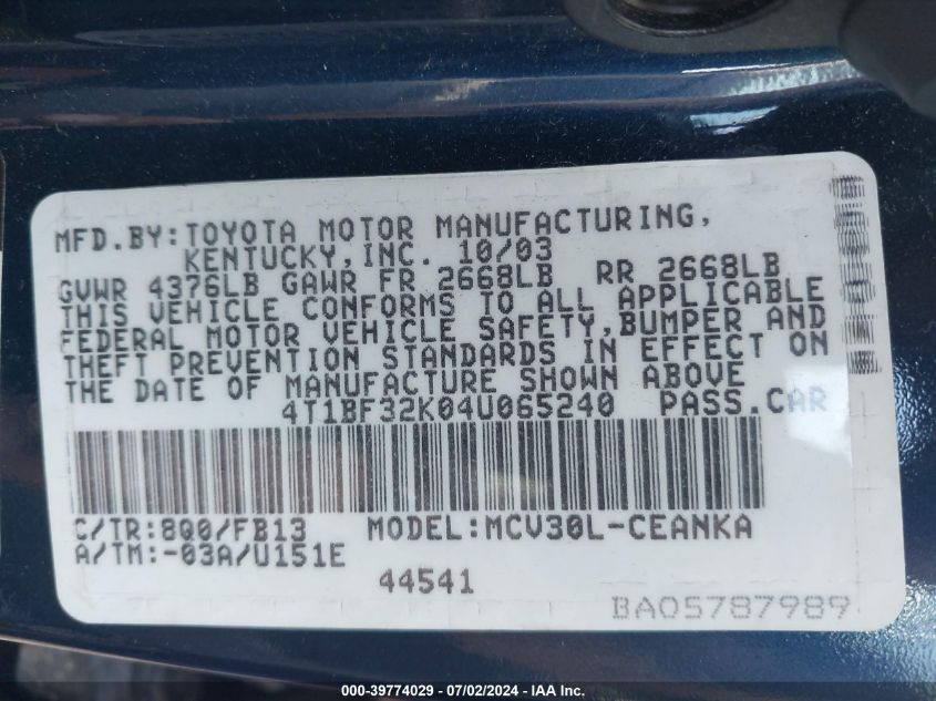 2004 Toyota Camry Le V6 VIN: 4T1BF32K04U065240 Lot: 39774029