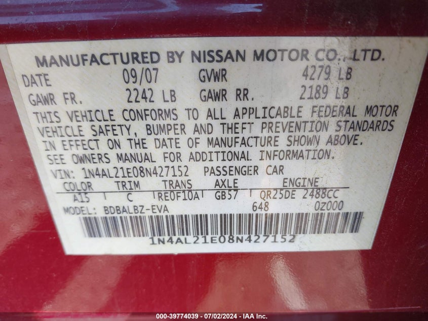 2008 Nissan Altima 2.5/2.5S VIN: 1N4AL21E08N427152 Lot: 39774039